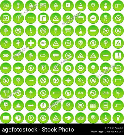 100 road signs icons set green circle isolated on white background vector illustration