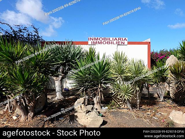 03 December 2019, Spain, Pajara: An office overgrown with yucca palms (grey palm lily), a real estate company near the beach