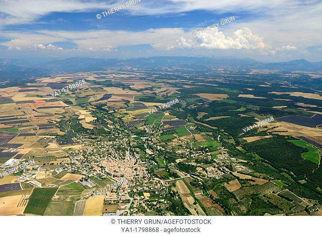 Aerial view of plateau de Valensole and Valensole town, Alpes de Haute Provence, France