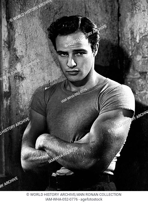 Photograph of Marlon Brandon (1924-2004) during the filming of 'A streetcar Named Desire'. Dated 1951