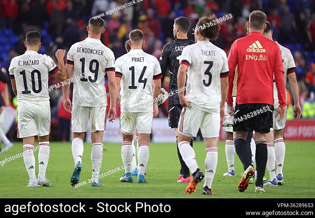 Belgium's players look dejected after a soccer game between Wales and Belgian national team the Red Devils, Saturday 11 June 2022 in Cardiff, Wales