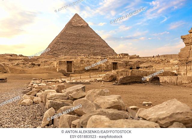Ruins of ancient Giza and the Pyramid of Chephren, Egypt