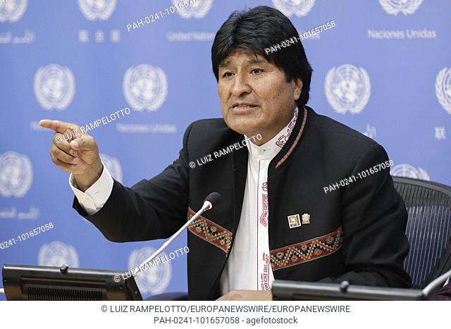 United Nations, New York, USA, April 16 2018 - Evo Morales Ayma, President of the Plurinational State of Bolivia, briefs press on indigenous people's collective...