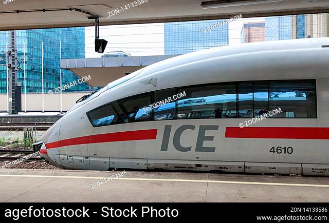 Brussels, Belgium - June 2018: ICE train between Netherlands and Germany at a platform in the Brussels North railway station