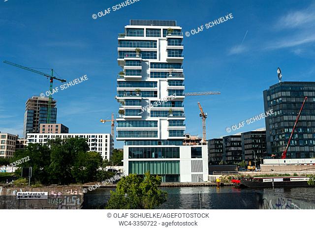 Berlin, Germany, Europe - View of the Living Levels luxury residential tower block along the Spree River in Berlin Friedrichshain