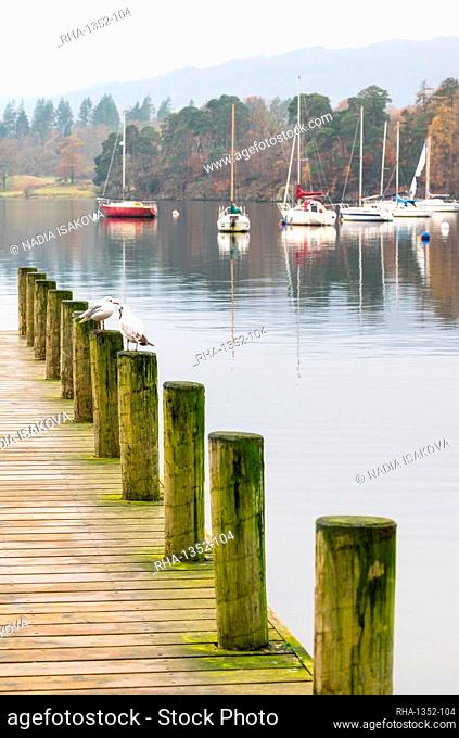 A quiet morning at Ambleside Pier, Windermere, Lake District National Park, UNESCO World Heritage Site, Cumbria, England, United Kingdom, Europe