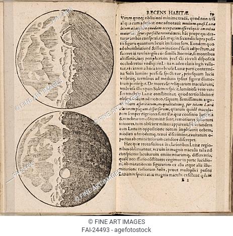 Leaf of book Sidereus Nuncius (Sidereal Messenger) by Galileo Galilei. Galilei, Galileo (1564-1642). Etching. History of science. 1610. Italy