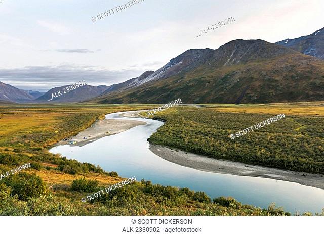 Rafters camping off Noatak River in the Brooks Range, Gates of the Arctic National Park, Northwestern Alaska, above the Arctic Circle, Arctic Alaska, summer
