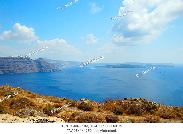 Sunny summer day on the fabulous island of Santorini in the Aegean Sea