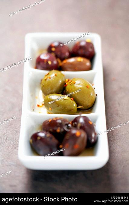 Assorted Greek Olives in a Divided Serving Tray