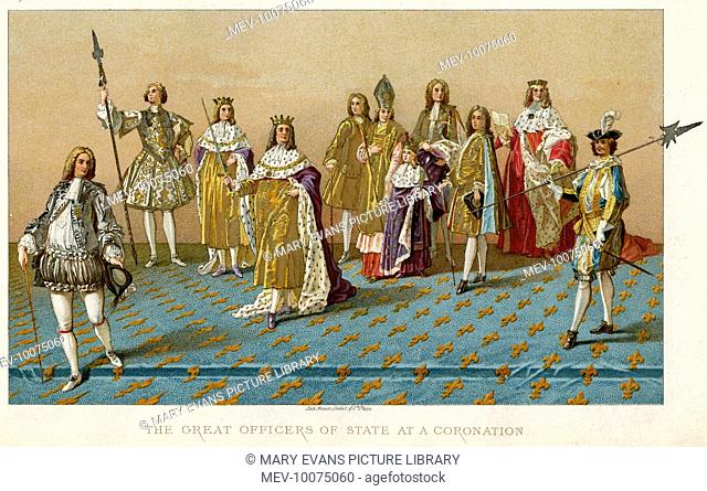 The costumes of the officers of state at the coronation of Louis XV at Rheims. The King is arrayed in all the royal ornaments
