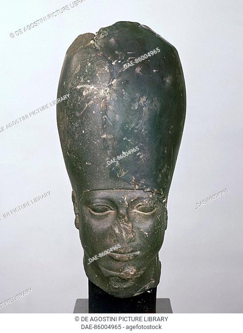 Head of Pharaoh Menkaure, basalt statue. Egyptian Civilisation, Old Kingdom, Dynasty IV.  Brussels, Musées Royaux Des Beaux-Arts De Belgique (Fine Art Museum)