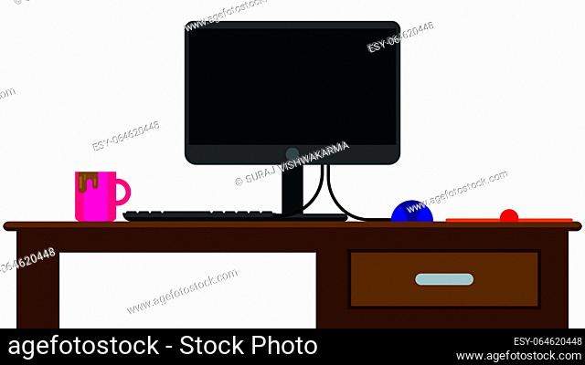 Home office desk with computer set, coffee and open book. Flat vector illustration