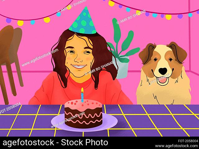 happy girl with dog celebrating birthday party, preparing to blow out candles on birthday cake