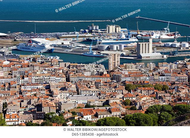 France, Languedoc-Roussillon, Herault Department, Sete, elevated port view from Mont St-Clair