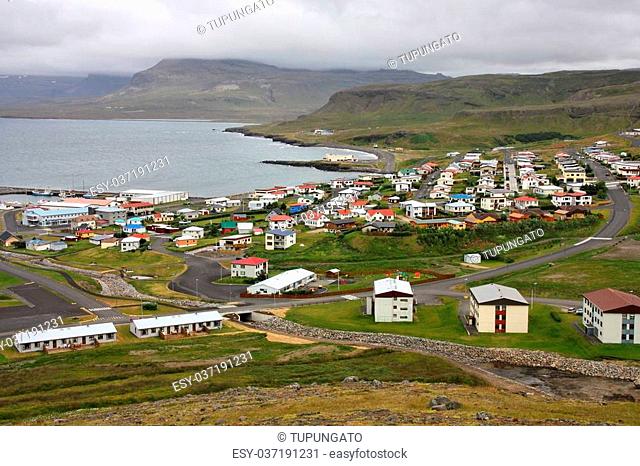 Typical nordic town - Olafsvik at Snaefellsnes peninsula, Iceland. Aerial view