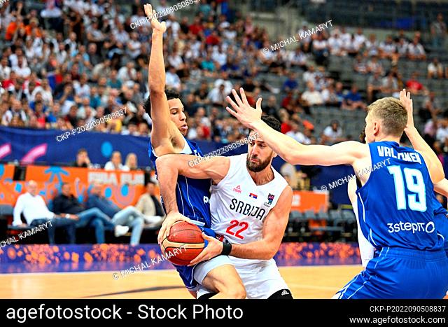 L-R Miro Little (Finland), Vasilije Micic (Serbia) and Elias Valtonen (Finland) in action during the European Men's Basketball Championship, Group D