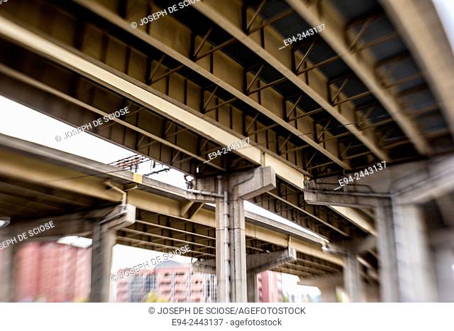 Underside view of an overpass of a highway in Pittsburgh