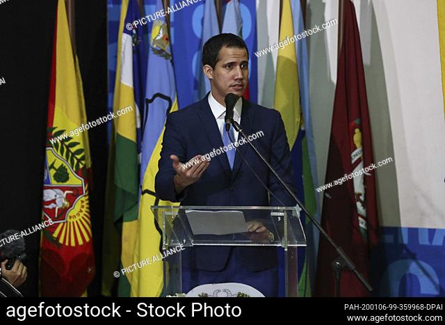 05 January 2020, Venezuela, Caracas: Juan Guaido, self-proclaimed interim president of Venezuela, speaks after his election as president of the parliament
