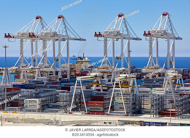 Container ship, Commercial Port of Tangier MED, Strait of Gibraltar, Tangier, Morocco, Africa