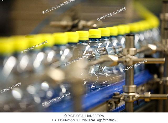 24 June 2019, Saxony, Eilenburg: Bottles of Ileburger mineral water with lemon taste run through the filling plant at Sachsenquelle GmbH