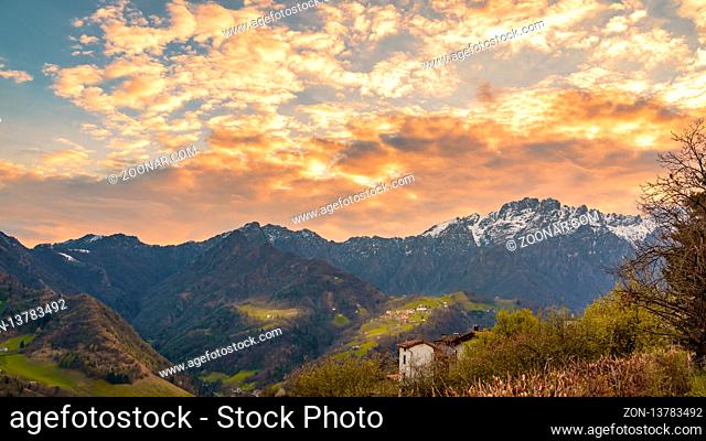 Mountain valley during sunset. Natural spring/autumn landscape.Seriana valley near Bergamo, lombardy, italy