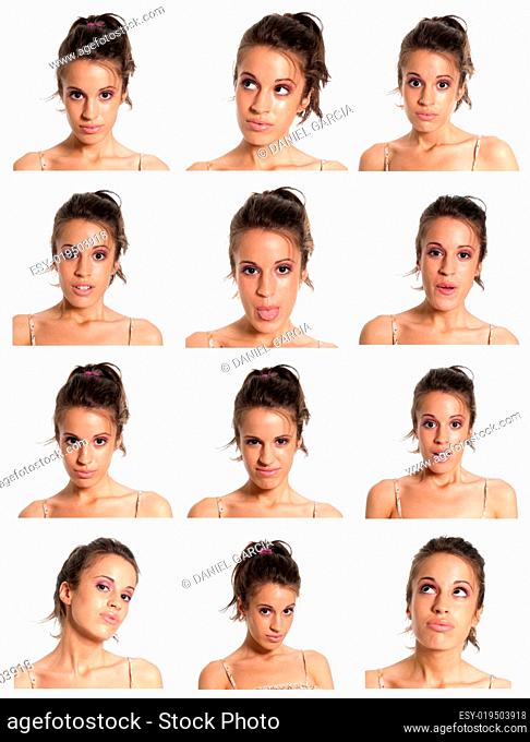 Young woman face expressions composite isolated on white background