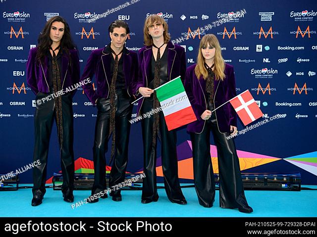 16 May 2021, Netherlands, Rotterdam: Drummer and guitarist Ethan (l-r), singer Damiano, guitarist Thomas and bassist Victoria from the band ""Maneskin"" (Italy)...