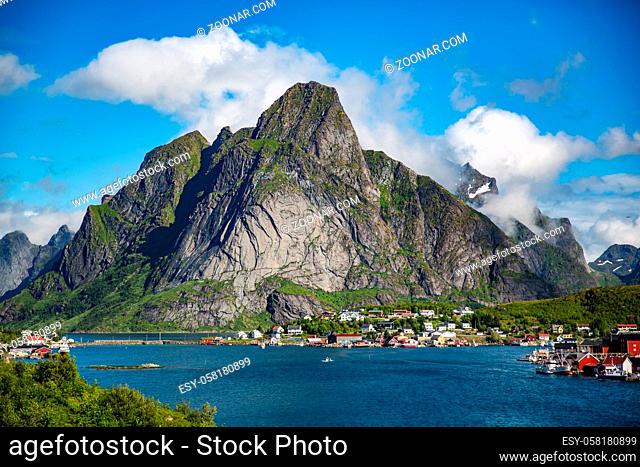 Lofoten is an archipelago panorama in the county of Nordland, Norway. Is known for a distinctive scenery with dramatic mountains and peaks