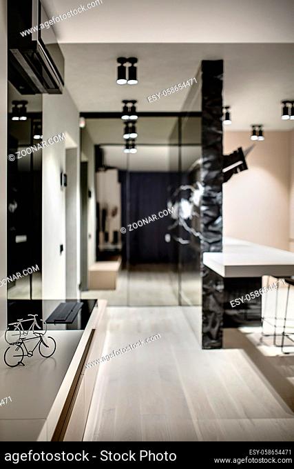 Black and white decorations in a form of the bicycles on the white rack on the blurry background of the modern hall with a kitchen island and mirrors