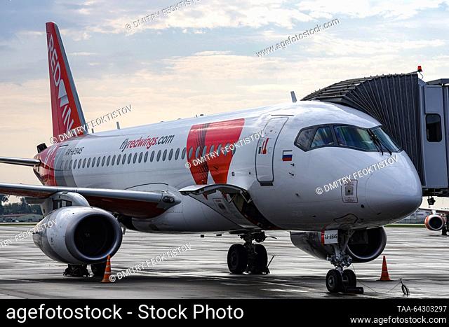 RUSSIA, SOCHI - NOVEMBER 2, 2023: A Sukhoi Superjet 100 plane of Red Wings bound for Tel Aviv prepares to take off from Sochi International Airport named after...