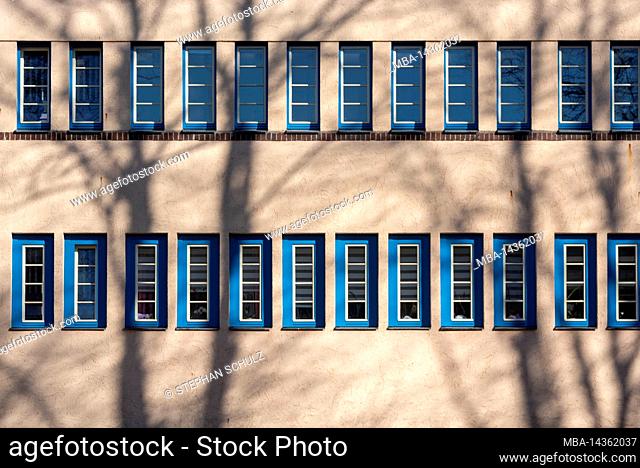House facade in Beimssiedlung, shadow of trees, Magdeburg, Saxony-Anhalt, Germany
