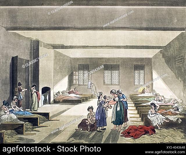 Pass-room, Bridewell. Circa 1808. After a work by August Pugin and Thomas Rowlandson in the Microcosm of London, published in three volumes between 1808 and...