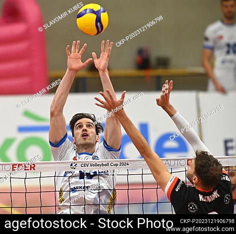 L-R Nikolay Kartev (Arkas) and Wessel Keemink (Karlovarsko) in action during the men's CEV Volleyball Cup the eighth finals return match VK CEZ Karlovarsko vs...