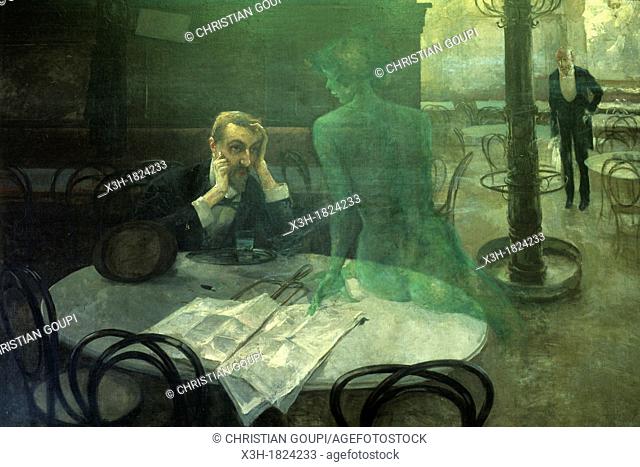 reproduction of a painting The Absinthe drinker by Viktor Oliva, become the symbol of Cafe Slavia in Prague, Doubs departement, Franche-Comte region