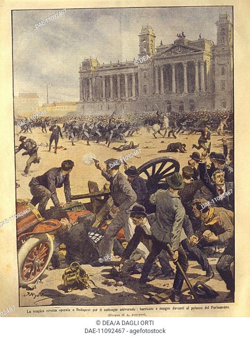 History, 20th century - Budapest rebellion: fighting in Parliament Square. Cover illustration from La Domenica del Corriere