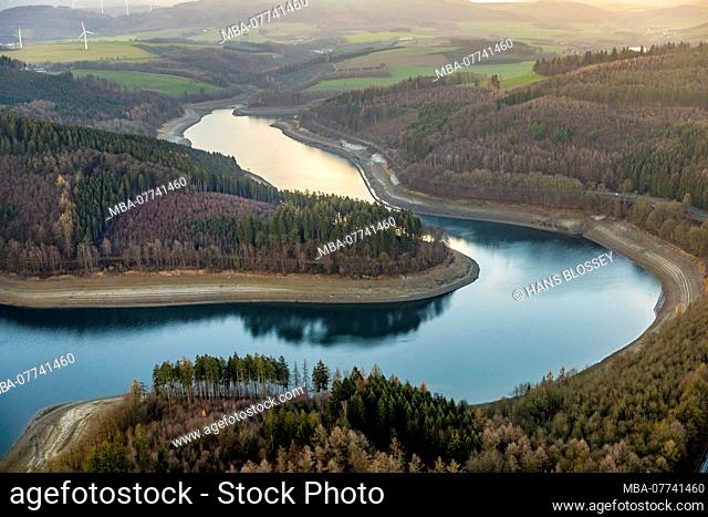 Aerial shots, low water, Hennetal dam, Hennesee, reservoir, Berghausen, Meschede, Sauerland, North Rhine-Westphalia, Germany
