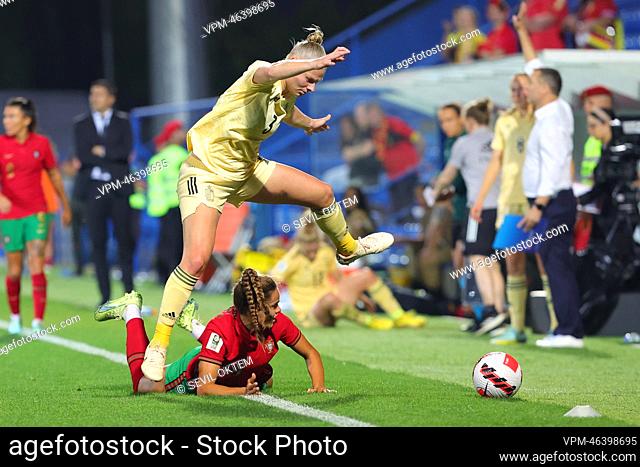 Belgium's Ella Van Kerkhoven pictured in action during a soccer game between Portugal and Belgium's national team the Red Flames in Portugal on Thursday 06...