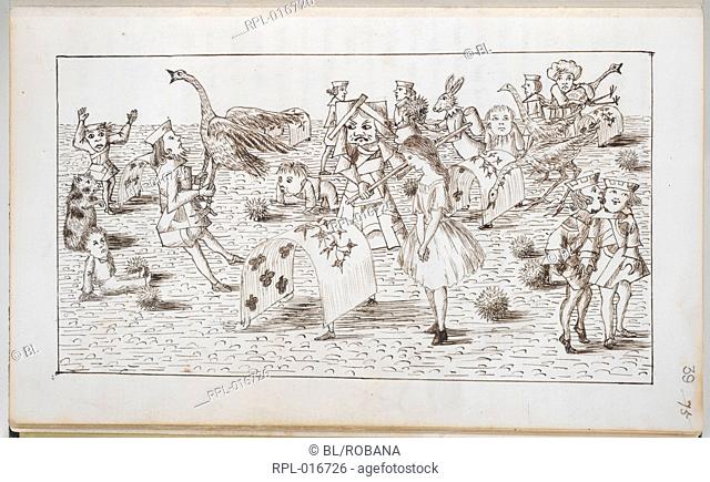 Alice and Red Queen play croquet, Whole folio Drawing from Chapter IV: Alice and the Red Queen playing croquet using birds for mallets and hedgehogs for balls