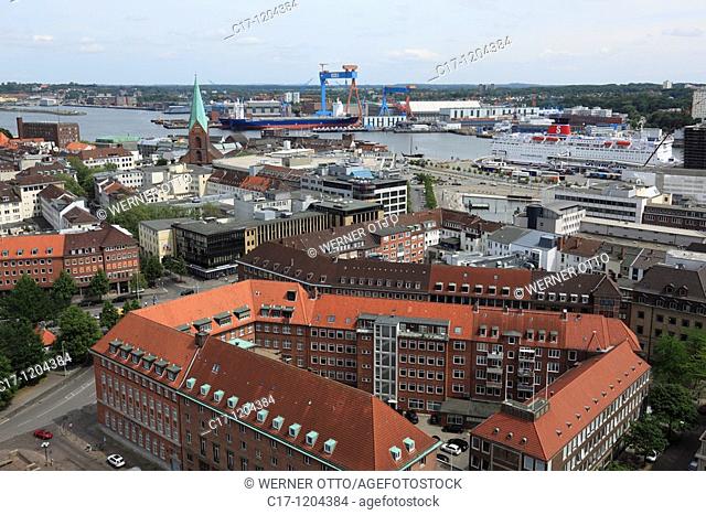 Germany, Kiel, Kiel Fjord, Baltic Sea, Schleswig-Holstein, panoramic view, ahead Ahlmann House, Ahlmann Bank, behind Kiel castle