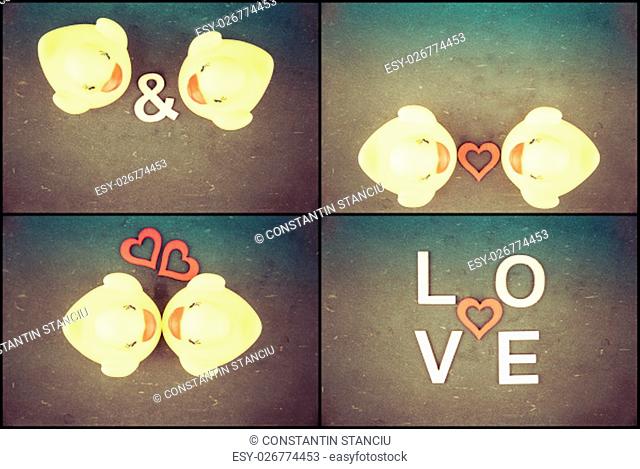 Photo Collage of Pair of yellow rubber ducks isolated over black chalkboard background and red heart shape between, vintage filter applied, love concept