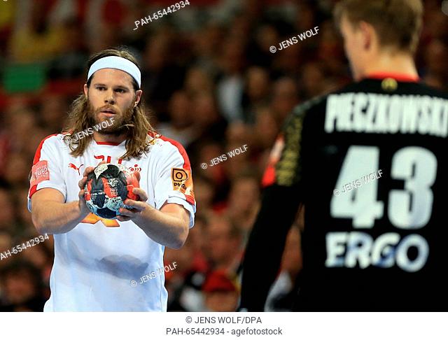 Denmark's Mikkel Hansen in action during the 2016 Men's European Championship handball group 2 match between Germany and Denmark at the Centennial Hall in...