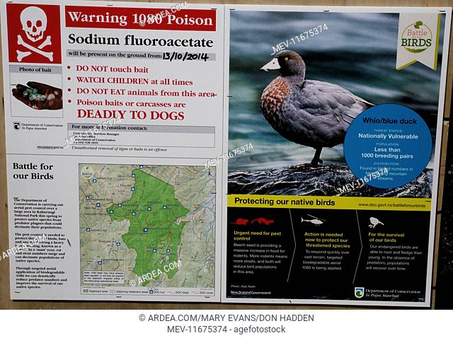 1080 Warning Sign these poison baits laid to kill predators of the Blue Duck an endangered mountain species