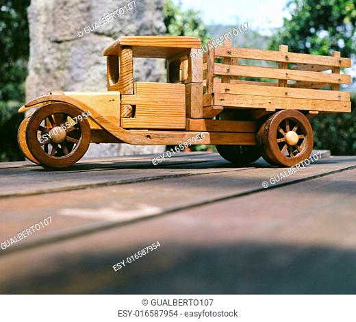 Macro shot of a wooden toy truck