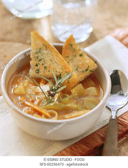 Minestrone primavera Vegetable soup with toast, Italy