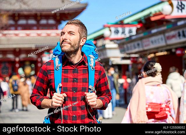 Caucasian man visiting Tokyo, Japan