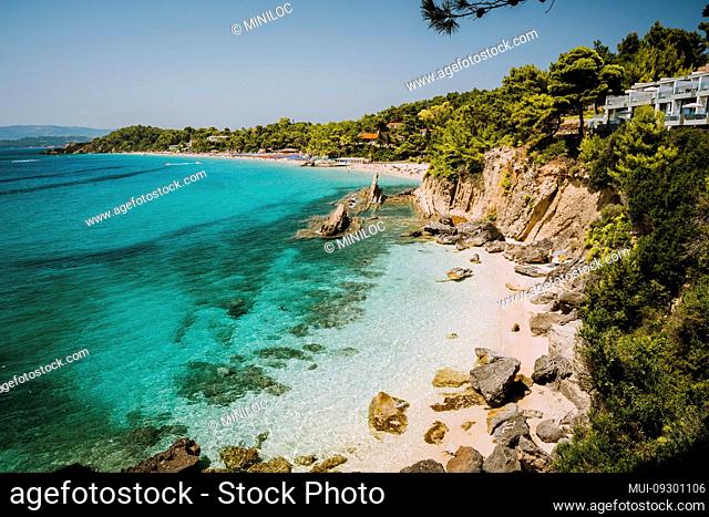 Bizarre rugged white rock cliffs near famous beach of Platys and Makrys gialos with pure clear turquoise sea water. Argostoli, Kefalonia island, Ionian, Greece