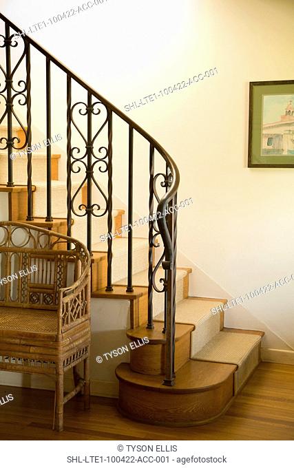 Staircase with wrought iron railing and carpet runner