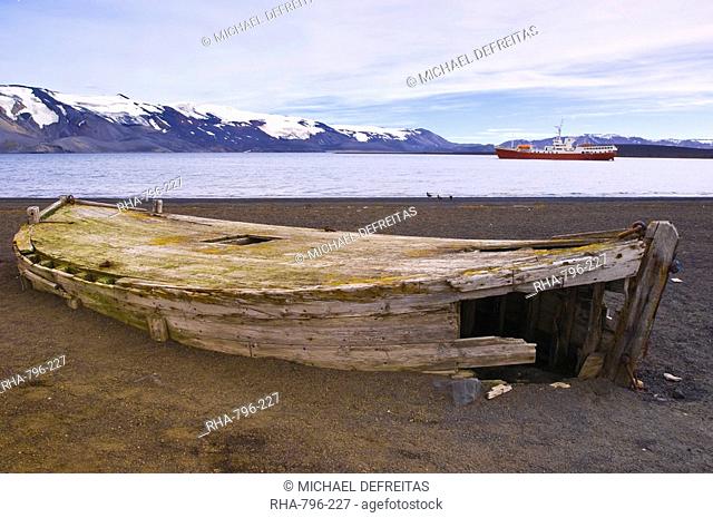 Old wooden whaling boat on beach at Whaler's Bay, Deception Island, Antarctica, Polar Regions
