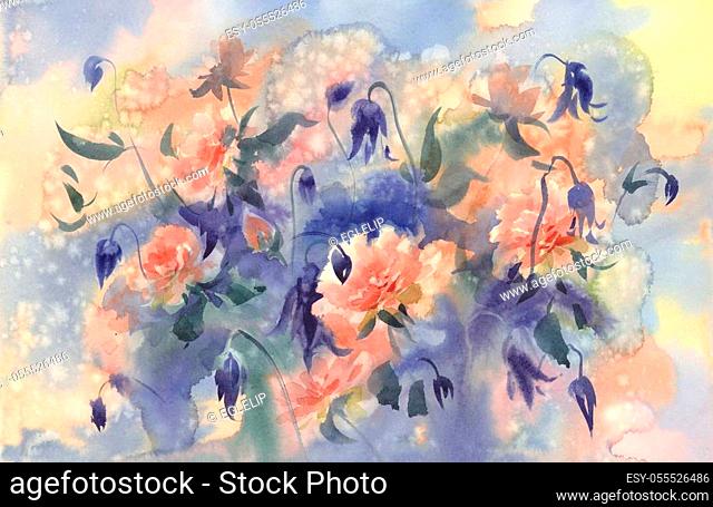 Light orange roses in blue violet watercolor background. Summer illustration